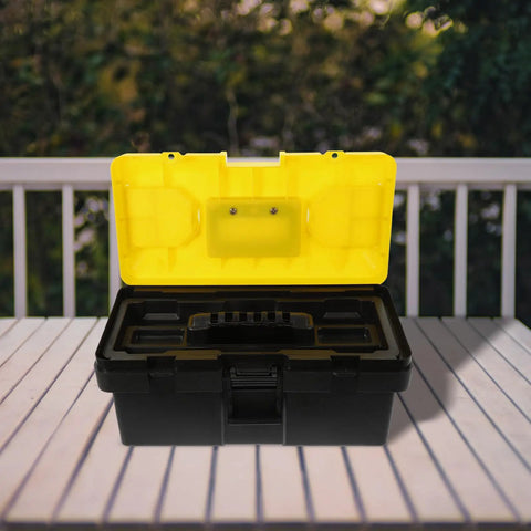 Badass Stackable Plastic Toolbox With Slick Removable Tray And Padlock Buckles open on a wooden surface, showcasing its interior.