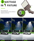 UL Listed LED Parking Lot Light 150W With Photocell And 22500 Lumens showing adjustable wattage and illumination levels