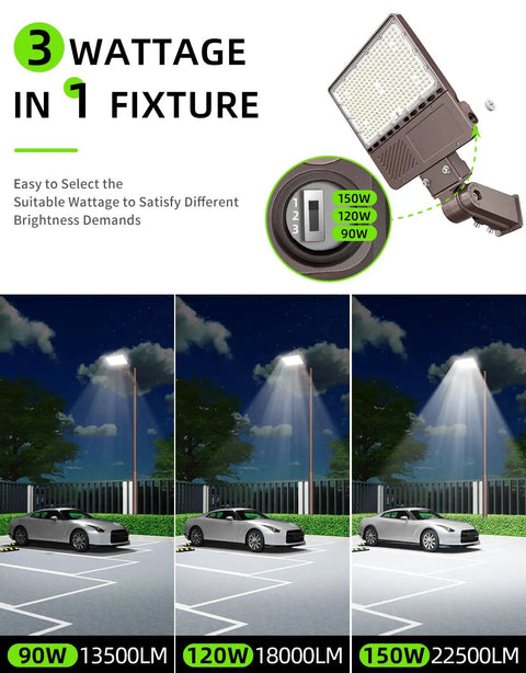 UL Listed LED Parking Lot Light 150W With Photocell And 22500 Lumens showing adjustable wattage and illumination levels