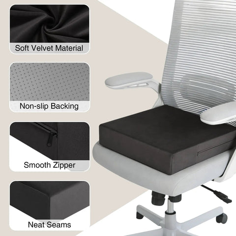 Ergonomic Recliner Seat Cushion 18 By 18 Inch Thick Gel Fill For Seniors To Pop Up Easy On Sofas Couches And Chairs With Durable Dark Grey Slipcover Fabric Perfect For Pain Relief And Comfort, displaying soft velvet material and smooth zipper.