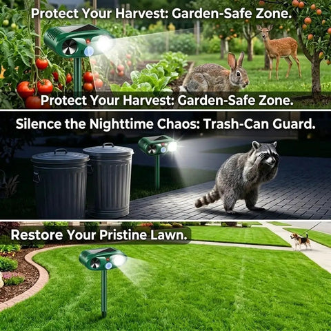 Two Pack Upgraded Sonic Ultrasonic Animal Deterrent With Solar Power Motion Sensor 110 Degree PIR And LED Strobe Light For Yard And Garden Safeguard Against Deer Rabbits Skunks Raccoons Squirrels And Cats in garden and lawn scenes