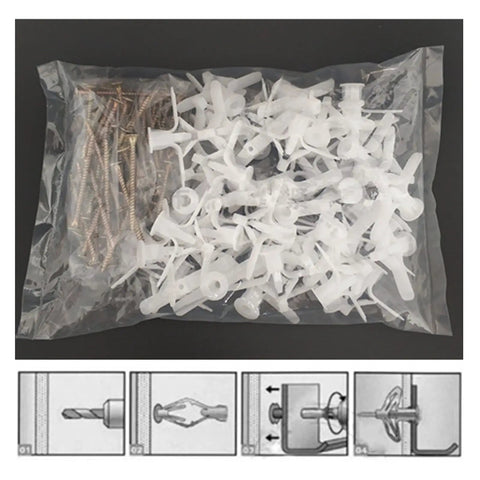 100 Pack Plastic Expansion Drywall Anchors With Self Drilling Screws Kit For Gypsum Board And Fiberboard, clear view of kit in bag
