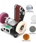 Dial Up Precision With This Versatile Electric Belt Sander And Mini Bench Grinder, showcasing sanding and polishing accessories.