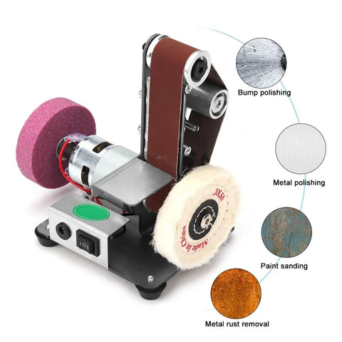 Dial Up Precision With This Versatile Electric Belt Sander And Mini Bench Grinder, showcasing sanding and polishing accessories.