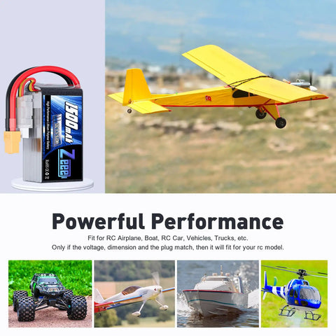 Graphene 3S 11.1V RC Lipo Battery 120C 1500mAh with XT60 Plug for drones, planes, boats, cars, shown with a model plane.
