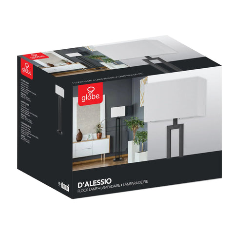 58 Inch Floor Lamp In Matte Black Finish With White Linen Rectangular Shade, Modern Geometric Cutout Design, E26 Base