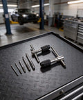 Top Notch 7-Piece Tap And Die Set M3 To M6 With Adjustable T-Handle Ratchet Wrench Kit on metal workbench
