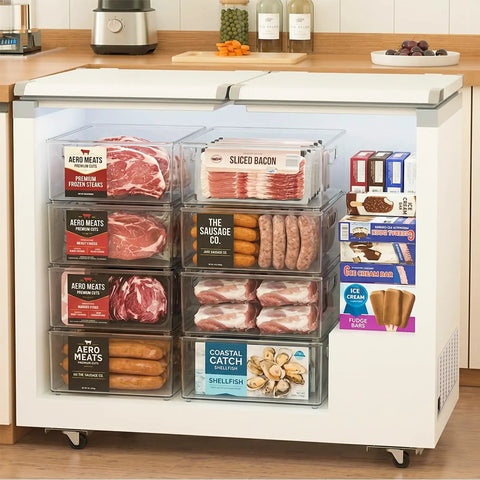 Kick Clutter To The Curb With These 8 Pack Freezer Organizer Bins Featuring Reinforced Handles And Thickened Food Grade Plastic For Fridge Pantry Storage That Really Keeps Your Kitchen Game Strong with meats and snacks organized.