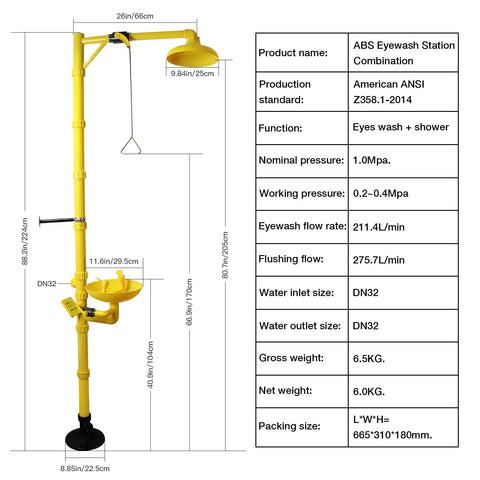 Diagram of Emergency Shower Eyewash Station Kit for Industrial and Lab Use, OSHA Approved, ABS Construction, Dual Nozzle Eye Wash System