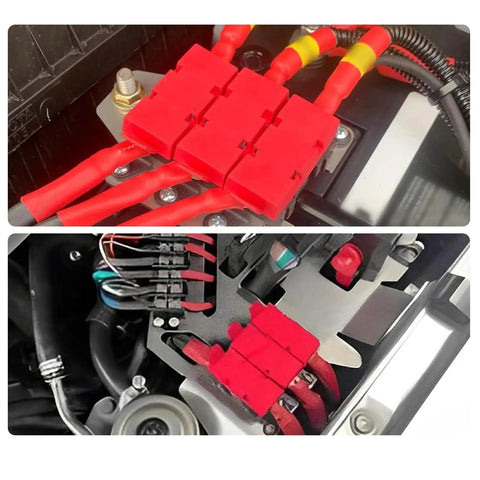 Heavy Duty Badass Six Way Midi Fuse Block And One In Six Out Power Distribution Module Two Hundred Amps shown installed in automotive setting.