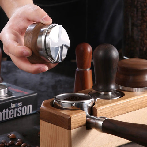 58.5mm Coffee Distributor With Walnut Wood Handle, Espresso Distribution Tool, Adjustable Depth Tamper Leveler in use