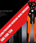 Multi Function Wire Splitting Stripper Pliers With Built In Wrench And Multi Angle Wire Bender shown with orange handles
