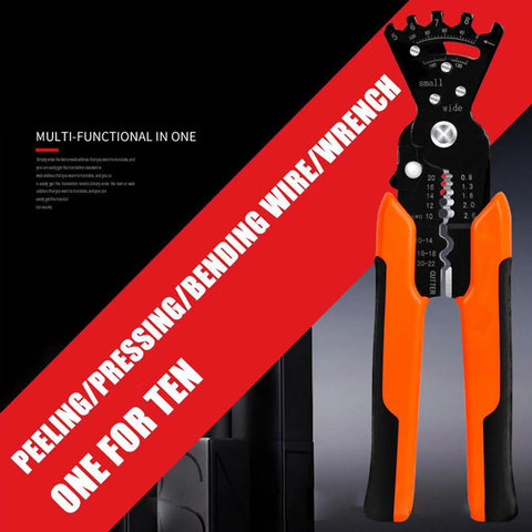 Multi Function Wire Splitting Stripper Pliers With Built In Wrench And Multi Angle Wire Bender shown with orange handles
