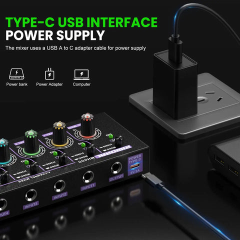 Compact 4 Channel Mini Audio Mixer With 1 Quarter Inch TS TSR Input Jacks, Stereo Mono Switch with USB-C power supply