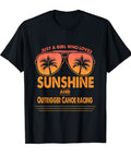 Sunshine Loving Outdoorsy Girl Outrigger Canoe Racing Tee with sunglasses and palm trees design, black, lightweight classic fit
