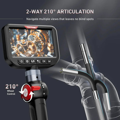 Ultra Slim 3.9mm Two Way Articulating Borescope With 5 Inch HD IPS Screen Stainless Steel Flexible Fiber Optic Endoscope Camera With Built In Light For Tight Engine And Pipe Inspections 0.15 Inch Probe Automotive Tool, 210° wheel control