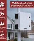 Beefy Vented Steel Electrical Enclosure Loaded With 12V Fan Thermostat Cooling Kit Nema 4X IP65 positioned outdoors in rain