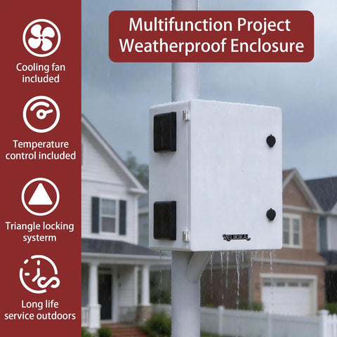 Beefy Vented Steel Electrical Enclosure Loaded With 12V Fan Thermostat Cooling Kit Nema 4X IP65 positioned outdoors in rain