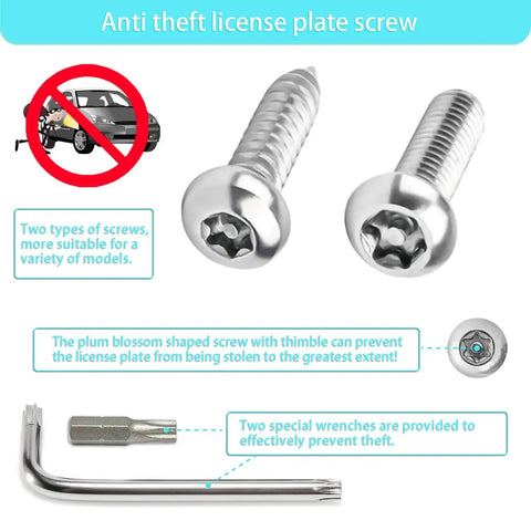 Anti Theft License Plate Screw Kit With Tamper Proof Bolts That Beat Theft And Chrome Caps In 304 Stainless Steel Car Plate Mounting Hardware One Quarter Inch Self Tapping Screws And Wrenches For Serious Security.