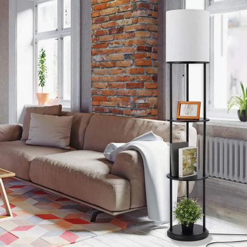 Versailles Floor Lamp With Built-In Shelves, 57.5 Inch Matte Black, White Linen Shade beside sofa in living room.