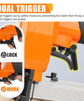Close-up of dual trigger on Lightweight 23 Gauge Pneumatic Headless Pin Nailer Kit With 10000 Pins, shown in lock and work modes.