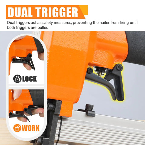 Close-up of dual trigger on Lightweight 23 Gauge Pneumatic Headless Pin Nailer Kit With 10000 Pins, shown in lock and work modes.