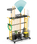 Mobile Garage Tool Organizer Cart On Wheels For Home And Garden storing shovels, rake, broom, and cleaning supplies with yellow frame