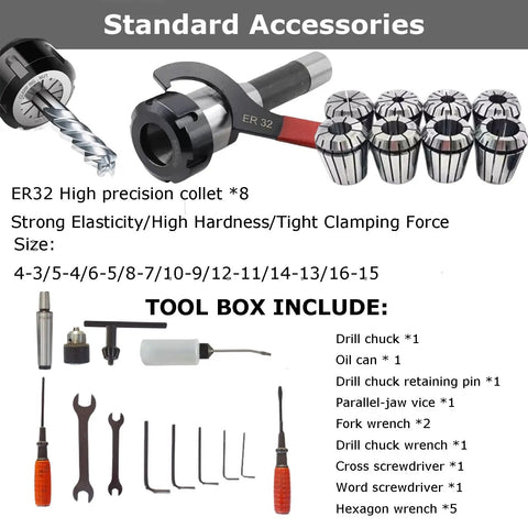 ER32 high precision collets and tool accessories for Precision Heavy Duty Benchtop Mill And Drill With 1300W Brushless Motor.