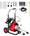 Electric Auto Feed Drain Cleaner Machine With Air Activated Foot Switch And 75 Feet Cord showing tools, gloves, and attachments for easy use.