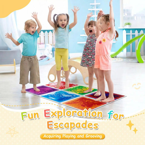 Liquid Motion Floor Tiles Set 11.8 Inch Square Colorful Cosmic Colors That Move With Every Step No Install Needed Safe For Kids 6 Piece Decorative Floor Tiles with children playing in a room