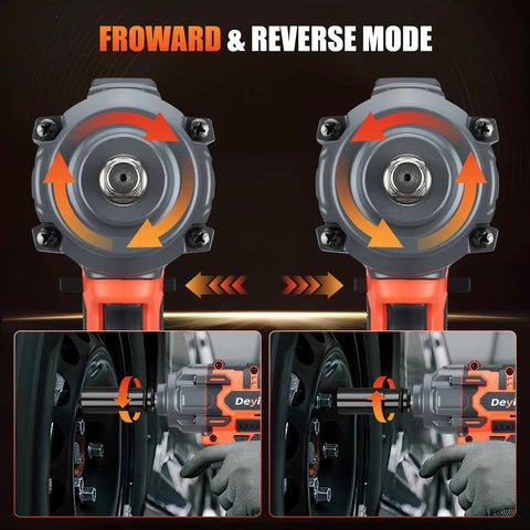 Beefy 1500N.m Cordless Impact Wrench With Brushless 21V Motor, 1100 Ft-Lbs Torque, 3-Mode Adjustable, Ideal For Truck Tires, Car Repair, Heavy Duty DIY Projects showing forward and reverse mode on wheel bolts