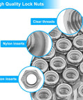Top Shelf 112 Pack 1/4 20 Hex Lock Nuts Cut From Pure 304 Stainless Steel Featuring Nylon Inserts For Killer Anti Vibration Grip on clear threads and inserts.