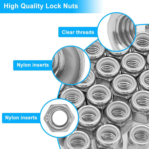 Top Shelf 112 Pack 1/4 20 Hex Lock Nuts Cut From Pure 304 Stainless Steel Featuring Nylon Inserts For Killer Anti Vibration Grip on clear threads and inserts.
