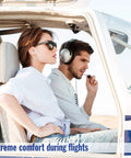 Airplane Pressure Relief Earplugs With 26dB NRR And 33dB SNR For Flying Pain Free Ears; couple in airplane cockpit