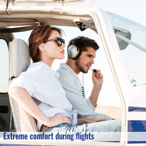 Airplane Pressure Relief Earplugs With 26dB NRR And 33dB SNR For Flying Pain Free Ears; couple in airplane cockpit
