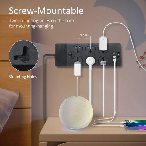 European Travel Plug Adapter Universal Power Strip With Six AC Outlets And Four USB Ports One USB C 110 to 240V 3000W mounted view