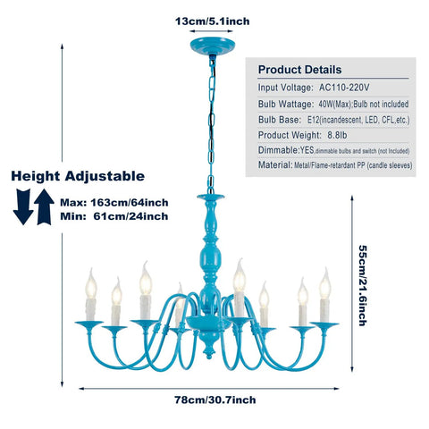 Diagram of Blue 8 Light 30 Inch Large Pendant Chandelier With Candle Style Holders, dimensions and adjustable height details shown.