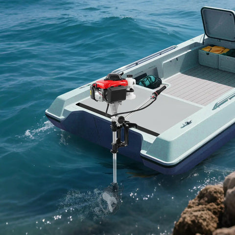 4.0 HP 4 Stroke Outboard Motor For Boats, 53.2cc 3 Blade Propeller, Air Cooling System, Manual Pull Start mounted on a boat