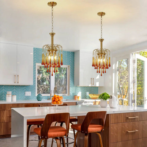 Gold Crystal Pendant Light Fixture For Dining Room And Kitchen Island, Modern Brass Pendant With K9 Crystal Drops in kitchen
