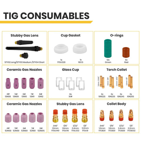 55 Piece TIG Welding Torch Accessories Kit With Alumina Nozzles Glass Cup And Stubby Gas Lens For WP 17 18 26 Welders layout