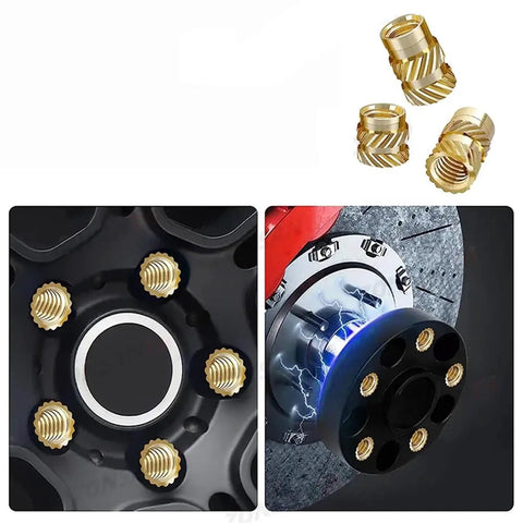 Dope Brass Hot Melt Insert Nuts For 3D Printing Projects M1-M8 Size shown on wheel hub, showcasing durability and strong hold.
