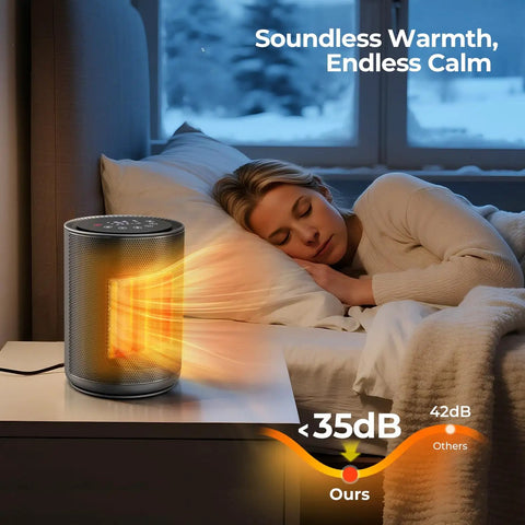 Woman sleeping next to a Fast Heat Desk Heater With Remote 1500W Ceramic PTC Tiny But Mighty Space Heater For Office Or Bedroom