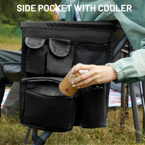 Side pocket with cooler on oversized folding camping chair with high back support 500 lbs capacity extra wide seat heavy duty steel frame