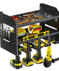 Wall Mount Power Tool Organizer Rack with cordless drill hanger and slots, carbon steel, three layers for garage and workshop.