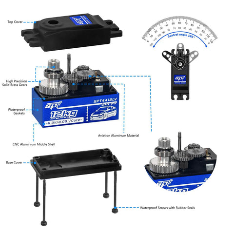 Exploded view of Two Pack 12kg Low Profile RC Servo High Torque Full Metal Gear Digital Servo For 1 By 10 RC Car with labeled components
