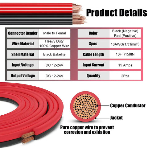 13Ft 12V/24V Heavy Duty Cigarette Lighter Extension Cable 16AWG Male Plug To Female Socket Adapter With Dual 15A Fuses And LED Indicator Lights For Tire Inflator Air Compressor, 16AWG copper wire