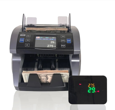 Heavy Duty Money Counter For Mixed Denominations With Real Time Value Counting And Breakdowns By Denomination Eight Currencies CIS UV MG IR DD Counterfeit Detection Printer Enabled Bill Counter External Display Large Touch Color Screen