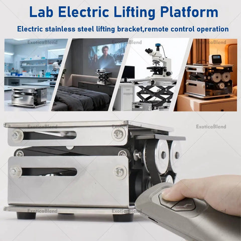 Smooth Electric Scissor Lift Table With Rockin 10kg Load And Snappy Height Adjust For Lab, Workshop Or Stage Gear Using Cool Rolling Sliding Base shown with remote for operation.