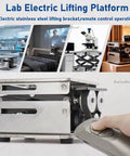 Heavy Duty Electric Scissor Jack Lab Table Lift Stand With 10Kg Capacity And Stainless Steel Platform For Adjustable Height Experiments In Modern Labs close-up view of lifting mechanism and remote control operation