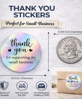 Round 1.5-inch holographic sticker with 'thank you for supporting my small business' next to a quarter for size comparison.